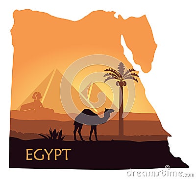 The landscape of Egypt with a camel, the pyramids and the Sphinx in the form of maps Vector Illustration