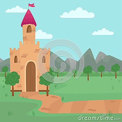 Landscape with fairy medieval castle vector illustration, element for fairy tale story for children vector Illustration Vector Illustration