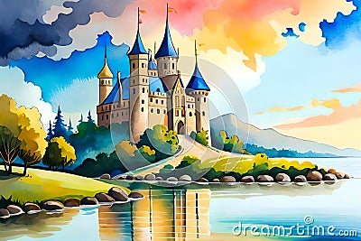 Landscape with fairytale castle on the shores of lake Cartoon Illustration