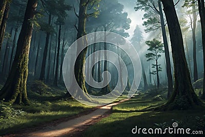 landscape of a fantastic elven forest, desktop background, AI generate Stock Photo