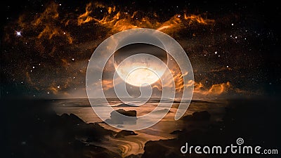 Landscape in fantasy alien planet with flaming moon and galaxy background. Stock Photo