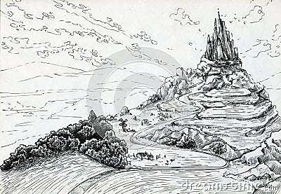 Landscape with fantasy castle Stock Photo