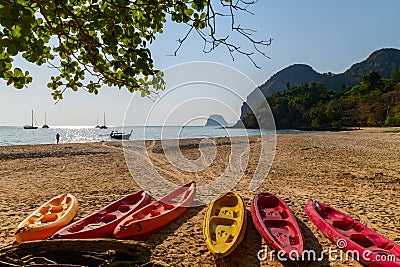 landscape of Farang Beach or Charlie Beach, there are canoes on the sandy beach on Koh Muk, Trang Province Stock Photo