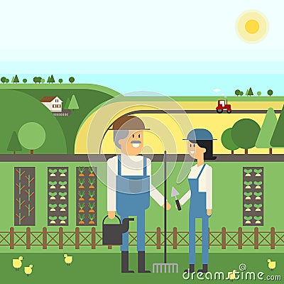 Landscape Farm, two farmers care for their land, planting, pets. Vector Illustration