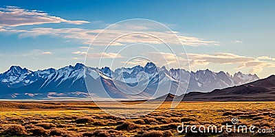 landscape featuring steppe grasslands and dramatic mountain ranges Stock Photo