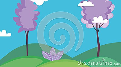 Landscape field grass nature trees sky clouds Vector Illustration