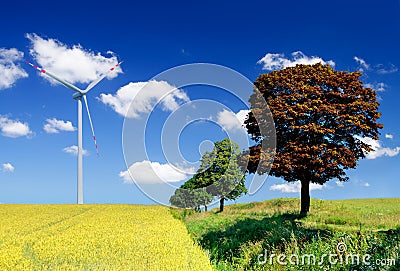 Landscape with field and wind turbine Stock Photo