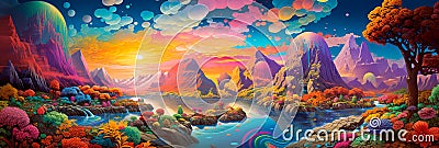 landscape filled with psychedelic colors, shapes, and patterns that alter perception and reality. Generative AI Stock Photo