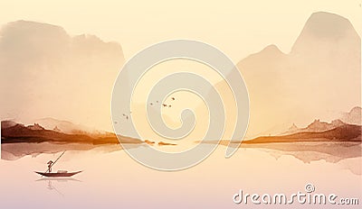Landscape with fisherman in a boat, misty mountains and sunrise sky. Traditional oriental ink painting sumi-e, u-sin, go Vector Illustration