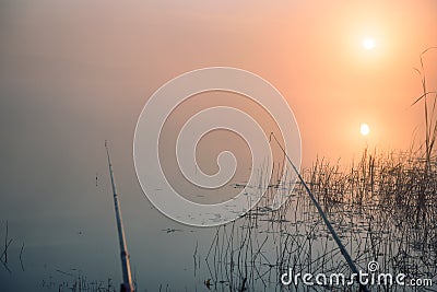 landscape on fishing rods. fishing at dawn. fishing background Stock Photo