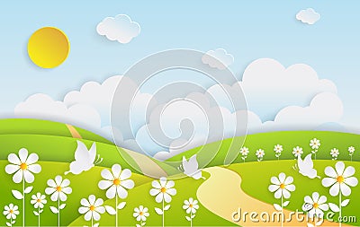 landscape flower field with summer season Vector Illustration