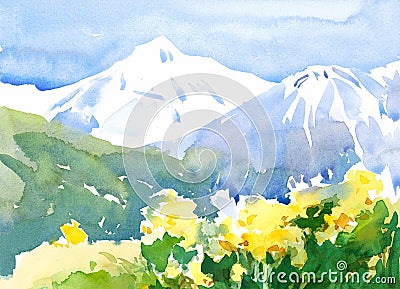 Landscape with Flowers and Mountains Watercolor Nature Illustration Hand Painted Stock Photo