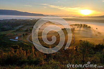 Landscape fog in morning sunrise at Khao Takhian Ngo View Point Stock Photo