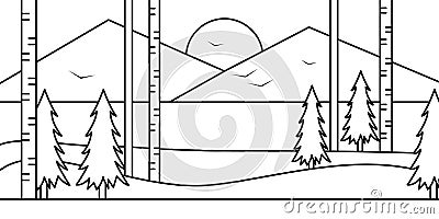 Landscape forest spruces mountain bird sun illustration Cartoon Illustration