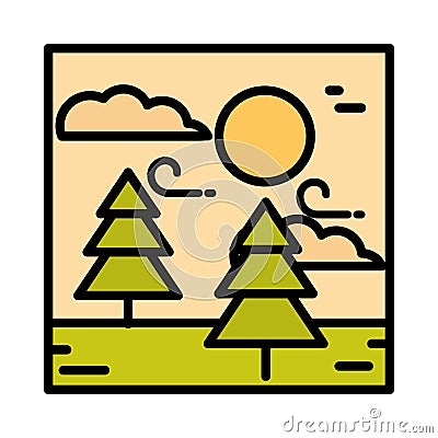 Landscape forest trees wind clouds sun sky cartoon line and fill style Vector Illustration