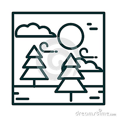 Landscape forest trees wind clouds sun sky cartoon line icon style Vector Illustration