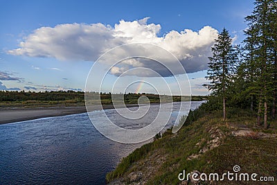 Landscape of the forest-tundra and the sandy river bank Stock Photo