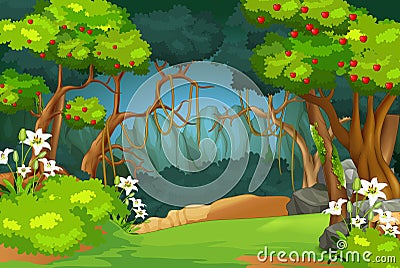 Landscape Forest View With Grass Field, Flower, Rocks, And Apple Trees Cartoon Stock Photo