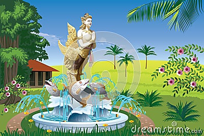 Landscape with a fountain with a gold bird-girl Stock Photo