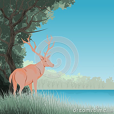 Landscape frame with a stylized deer in the foreground. Stock Photo