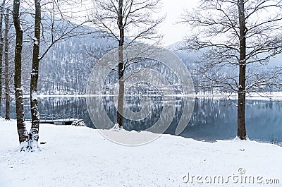 Landscape of frozen Lake Ghirla on a cold winter day, Province of Varese, Italy Stock Photo