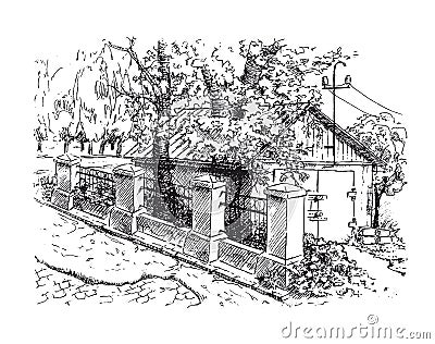Landscape with garage and old stone fence Vector Illustration