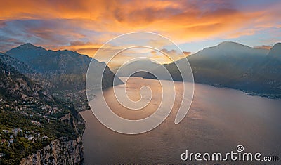 Landscape with Garda lake at sunrise Stock Photo