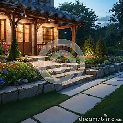 Landscape Garden design walkway with planting shrubs design for decoration house or hotel,Softscape and hardscape for Stock Photo