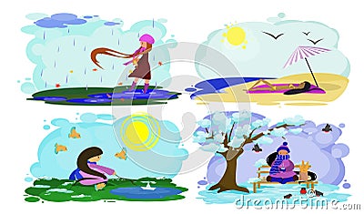 Landscape with a girl at different times of the year Vector Illustration