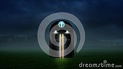 Landscape with glowing door at night Stock Photo