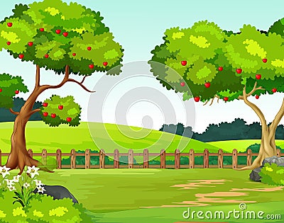 Landscape Grass Field Hill View With Apple Trees Cartoon Stock Photo