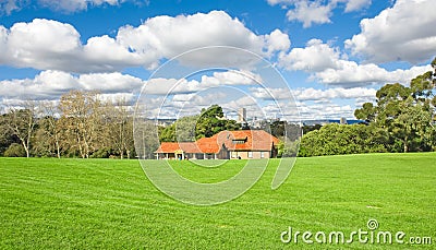 Landscape of a green golf field Stock Photo