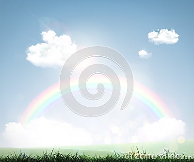 Landscape with green grass, sky with clouds and rainbow Vector Illustration