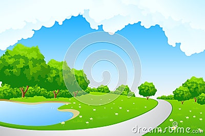 Landscape - green hill with tree and cloudscape Vector Illustration