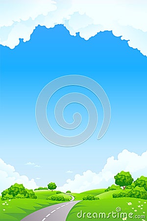 Landscape - green hill with tree and cloudscape Vector Illustration