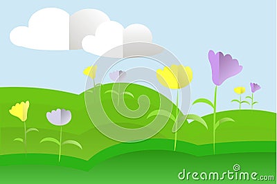 Landscape with green hills, meadow, blue sky, white clouds, yellow and purple flowers Vector Illustration