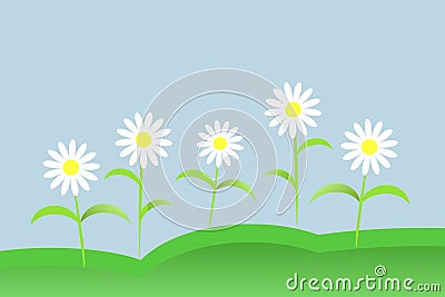 Landscape with green hills, meadow, blue sky, white daisies flat design, vector Vector Illustration