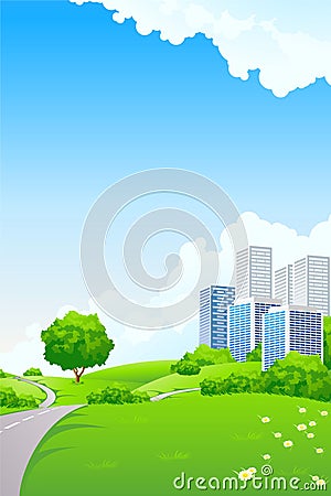 Landscape - green hills with tree and cityscape Vector Illustration