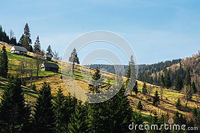 Landscape of green mountain hills covered by forest with small houses Stock Photo