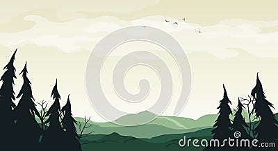 Landscape with green silhouettes of hills, trees and branches - vector cartoon illustration Vector Illustration