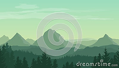 Landscape with green silhouettes of mountains, hills and forest Vector Illustration
