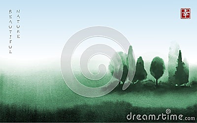 Landscape with green trees in fog hand drawn with ink in asian style. Green misty meadow and blue sky. Traditional Vector Illustration