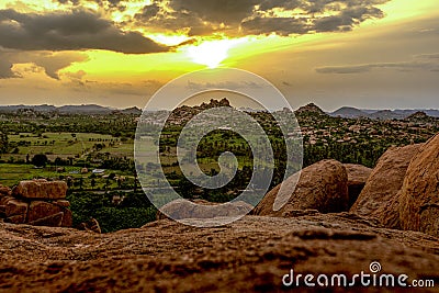 Landscape of Hampi city in India sunset view point of stone city Stock Photo