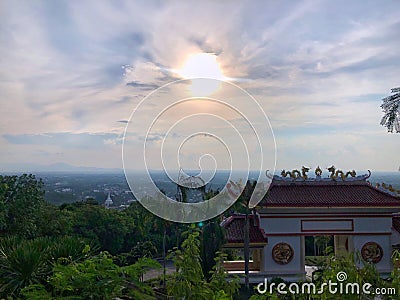 Vector illustration, funny Monkey chimpanzeeLandscape from high view with blue sky Stock Photo