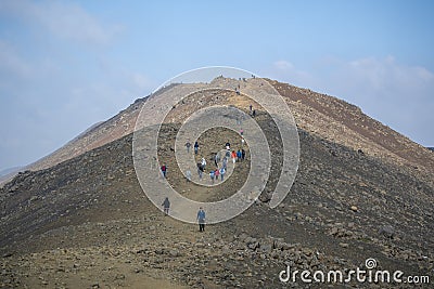 Landscape of hikers on hiking route to Fagradalsfjall Volcano eruption Iceland Editorial Stock Photo