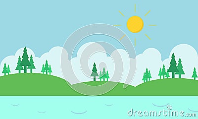 Landscape hill and river of silhouette Vector Illustration