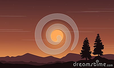 Landscape of hill at the sunset silhouettes Vector Illustration