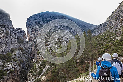 Landscape with hills canyon full of morning mist Stock Photo