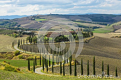 Landscape of hills, country road, cypresses trees and rural houses Stock Photo