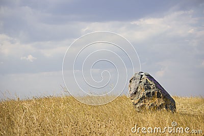 Landscape with hills, large stone and blue sky. south of russia, summer. yellow grass in late August Stock Photo